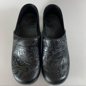 Dansko Professional Black Leather Tooled Clogs